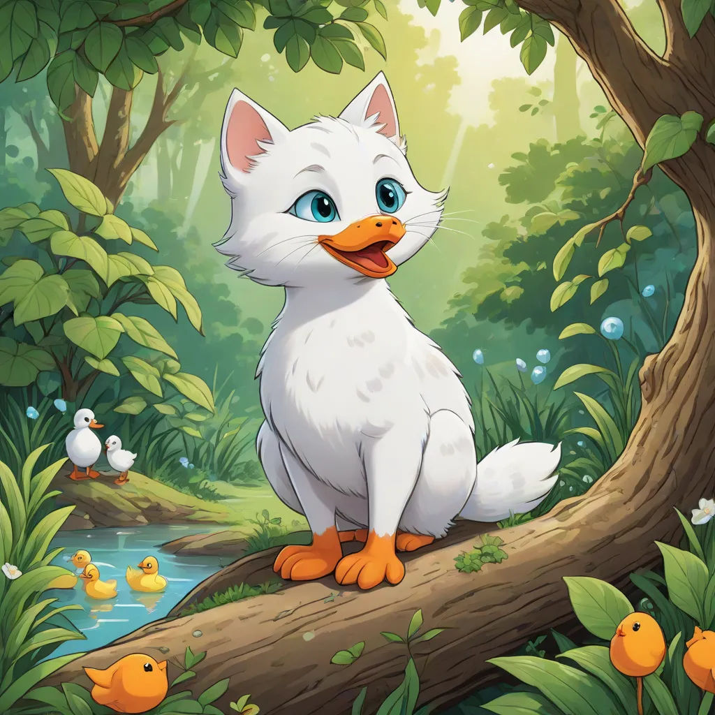 a white cat sitting on a log in a forest with ducks and trees around it, with a stream running through the forest, furry art, a character portrait, Anne Said, official art
