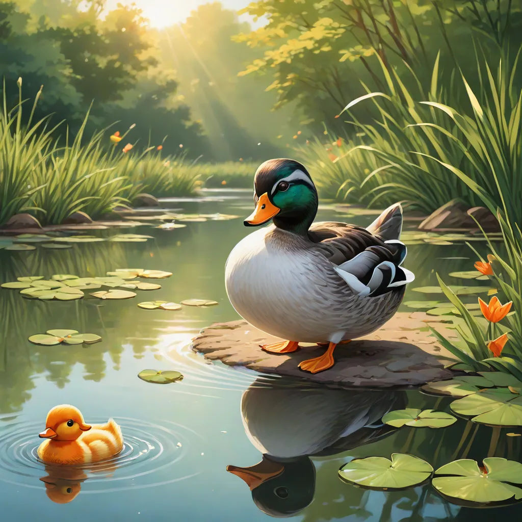 a duck and a duckling are sitting on a rock in a pond with lily pads and water lillies, massurrealism, a storybook illustration, Anne Said, nature