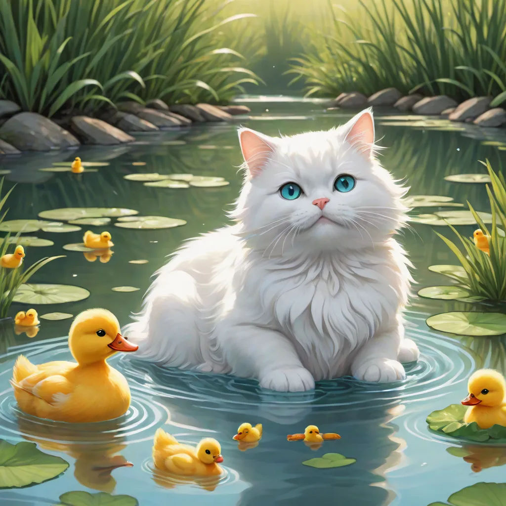 a cat sitting in the water with ducks and ducks around it, with a green background and a pond with water lilies, furry art, a fine art painting, Anne Stokes, magic the gathering artwork