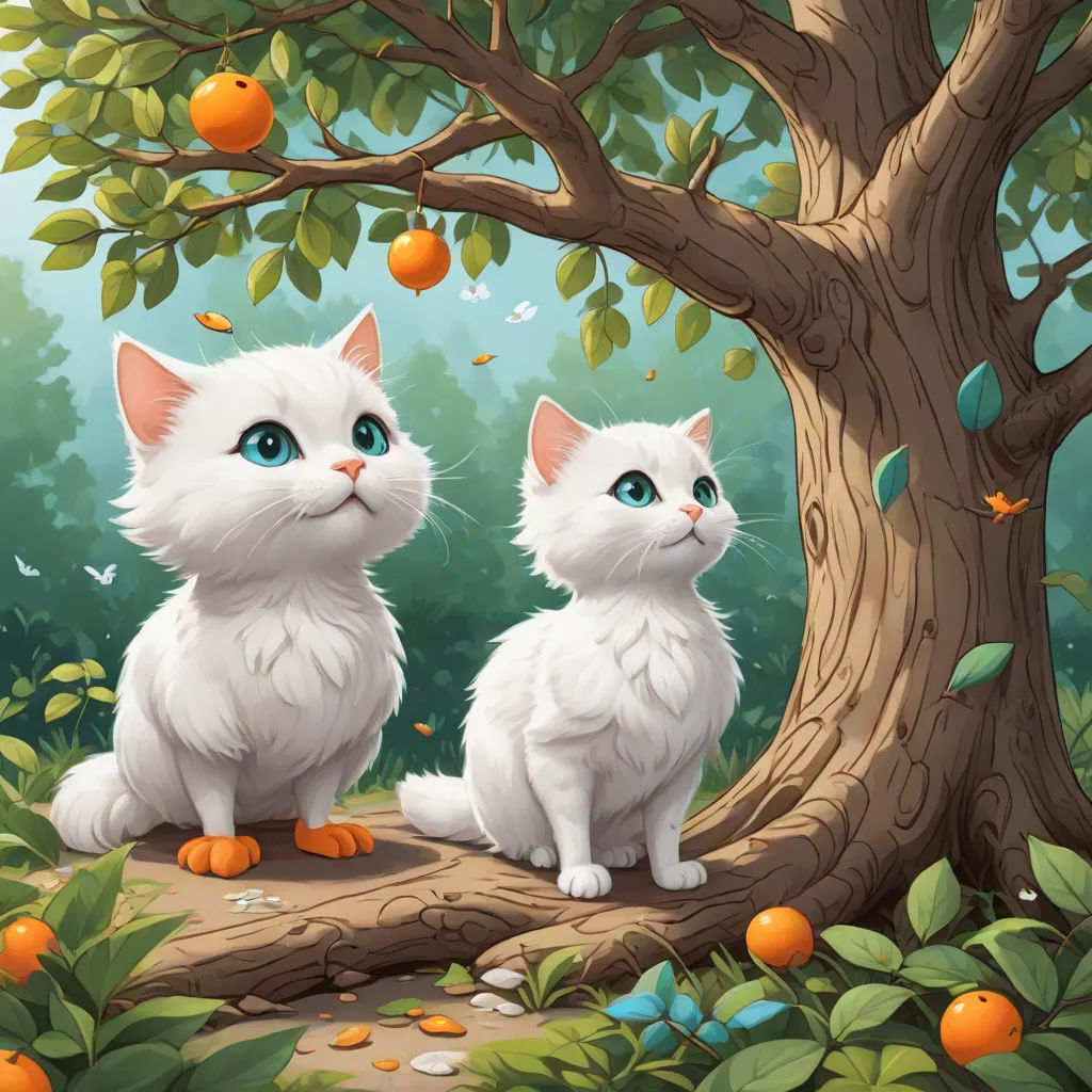 a painting of two cats sitting on a tree branch in a forest with oranges and butterflies flying around, fantasy art, a storybook illustration, Chris LaBrooy, official art
