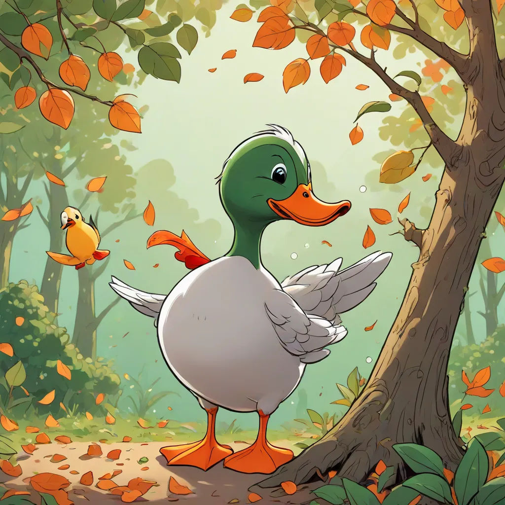 a duck standing next to a tree with leaves on it's ground and a bird flying by it, context art, a storybook illustration, Diego Gisbert Llorens, storybook illustration