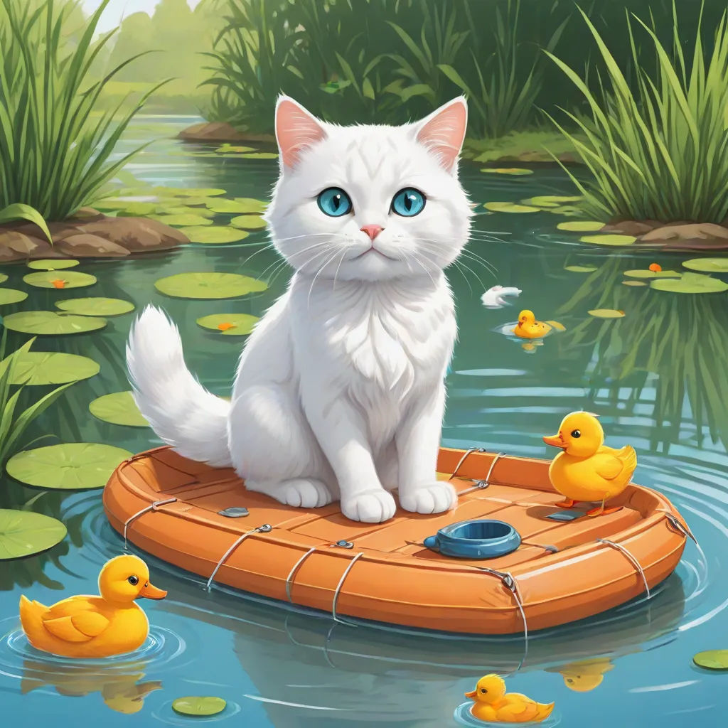 a white cat sitting on a raft in a pond with ducks and ducks in the water behind it,, furry art, a storybook illustration, Chris LaBrooy, game art