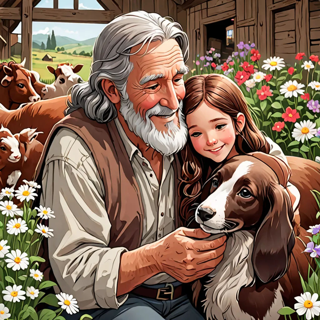 a man and a girl are in a field with cows and a dog, and a barn is in the background, naive art, a storybook illustration, Cliff Childs, storybook illustration