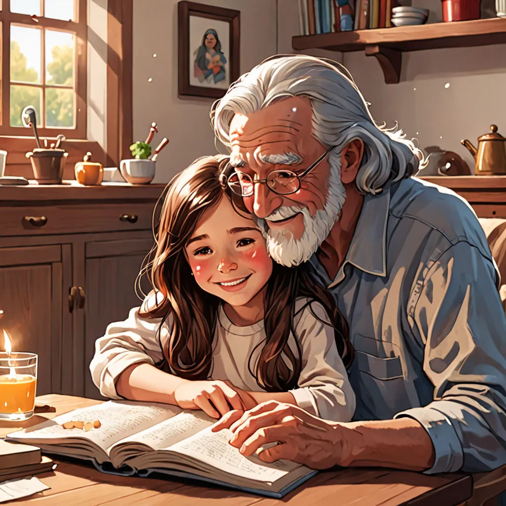 a man and a little girl sitting at a table with a book and a candle in front of them, fantasy art, a storybook illustration, Cliff Childs, storybook illustration