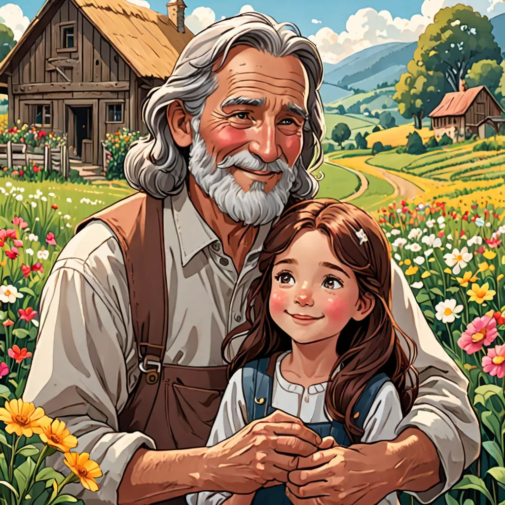 a painting of a man and a girl in a field of flowers with a house in the background and a country road, arts and crafts movement, a storybook illustration, Aaron Jasinski, storybook illustration