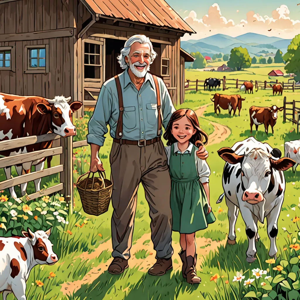a man and a little girl standing in front of a barn with cows in the field behind them and a barn with a few cows, american scene painting, a storybook illustration, Bob Singer, storybook illustration