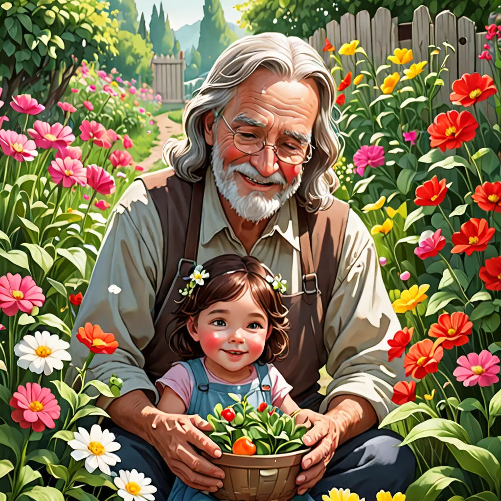 a painting of a man holding a basket of flowers with a little girl in front of him in a garden, fantasy art, a storybook illustration, Aaron Jasinski, highly detailed digital painting