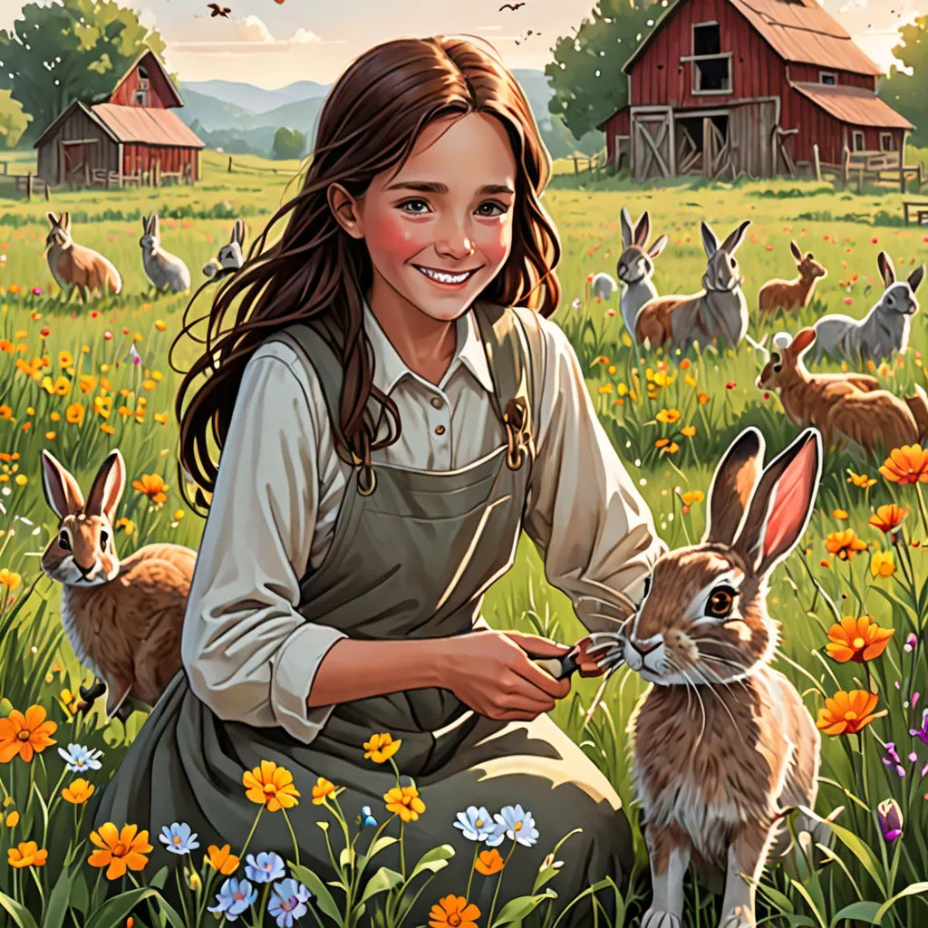 a painting of a girl kneeling down with a rabbit in a field of flowers and daisies in front of a barn, furry art, a storybook illustration, Bob Byerley, comic cover art