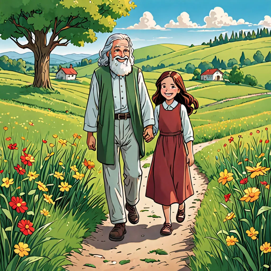a man and a little girl walking down a path in a field with flowers and trees on either side, synthetism, a storybook illustration, Anne Said, official art