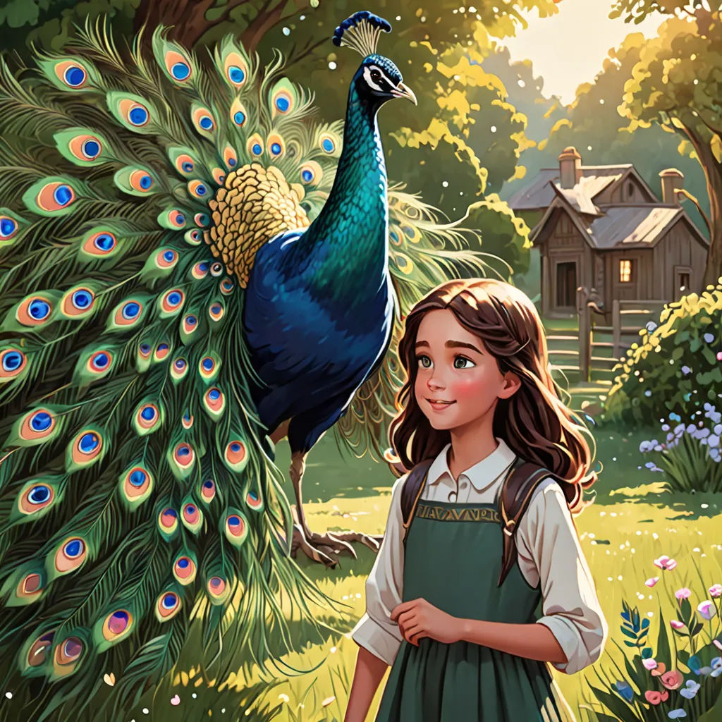 a girl standing in front of a peacock with a house in the background and a house in the background, magical realism, a storybook illustration, Anne Said, storybook illustration