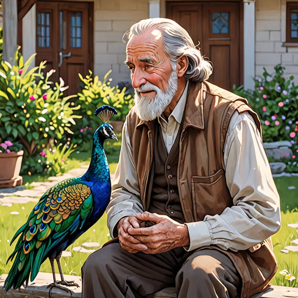 a man sitting on a bench next to a peacock statue in front of a house with a flower garden, figurative art, a storybook illustration, Aaron Jasinski, highly detailed digital painting