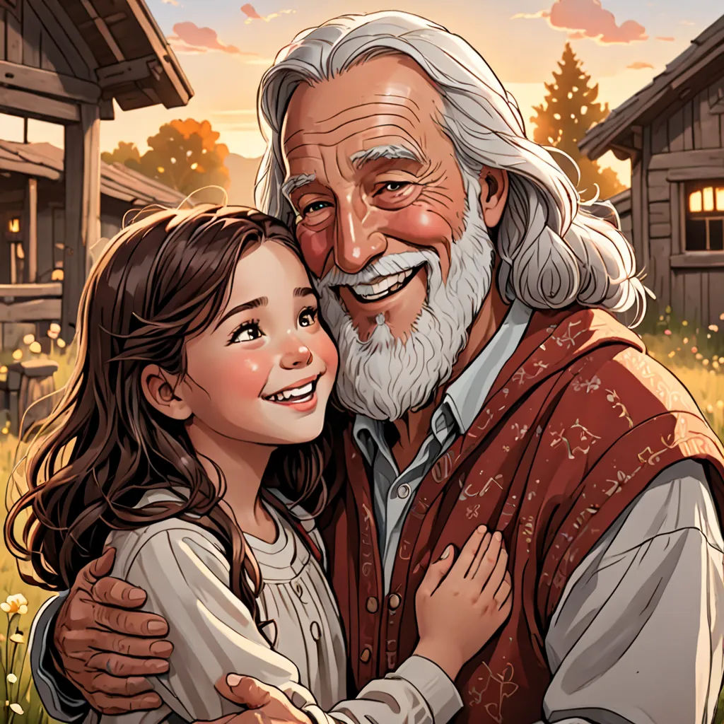 a painting of a man and a girl hugging in front of a house with a sunset in the background, context art, a storybook illustration, Cliff Childs, storybook illustration