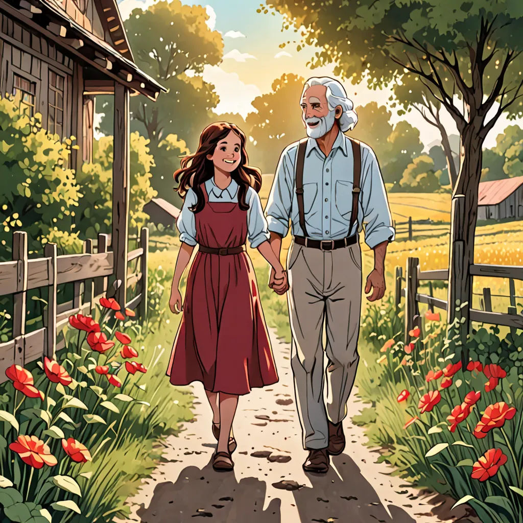 a man and a woman walking down a path in a field of flowers with a barn in the background, american scene painting, a storybook illustration, Bob Singer, official art