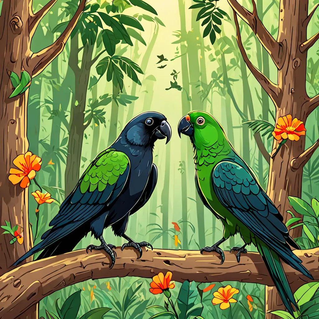 two birds are sitting on a branch in the forest with flowers and trees in the background, one is green and the other is blue, lyco art, a storybook illustration, Chris LaBrooy, birds