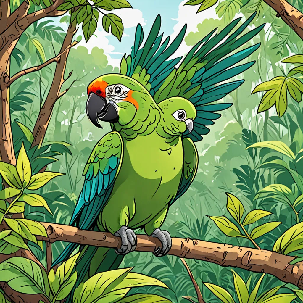 a green parrot sitting on a branch in a jungle with a red and black beak and a green and yellow head, lyco art, a storybook illustration, Chris LaBrooy, birds