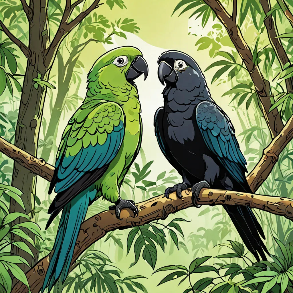 two parrots sitting on a branch in a jungle setting with green leaves and trees in the background,, private press, a comic book panel, Dan Mumford, birds