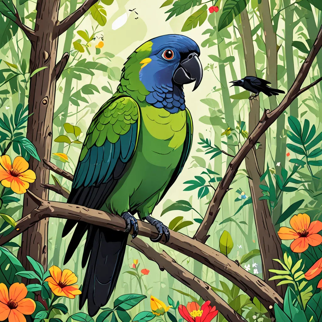 a parrot sitting on a branch in a forest with flowers and a bird on the branch in the background, primitivism, an illustration of, Chris LaBrooy, high detail illustration