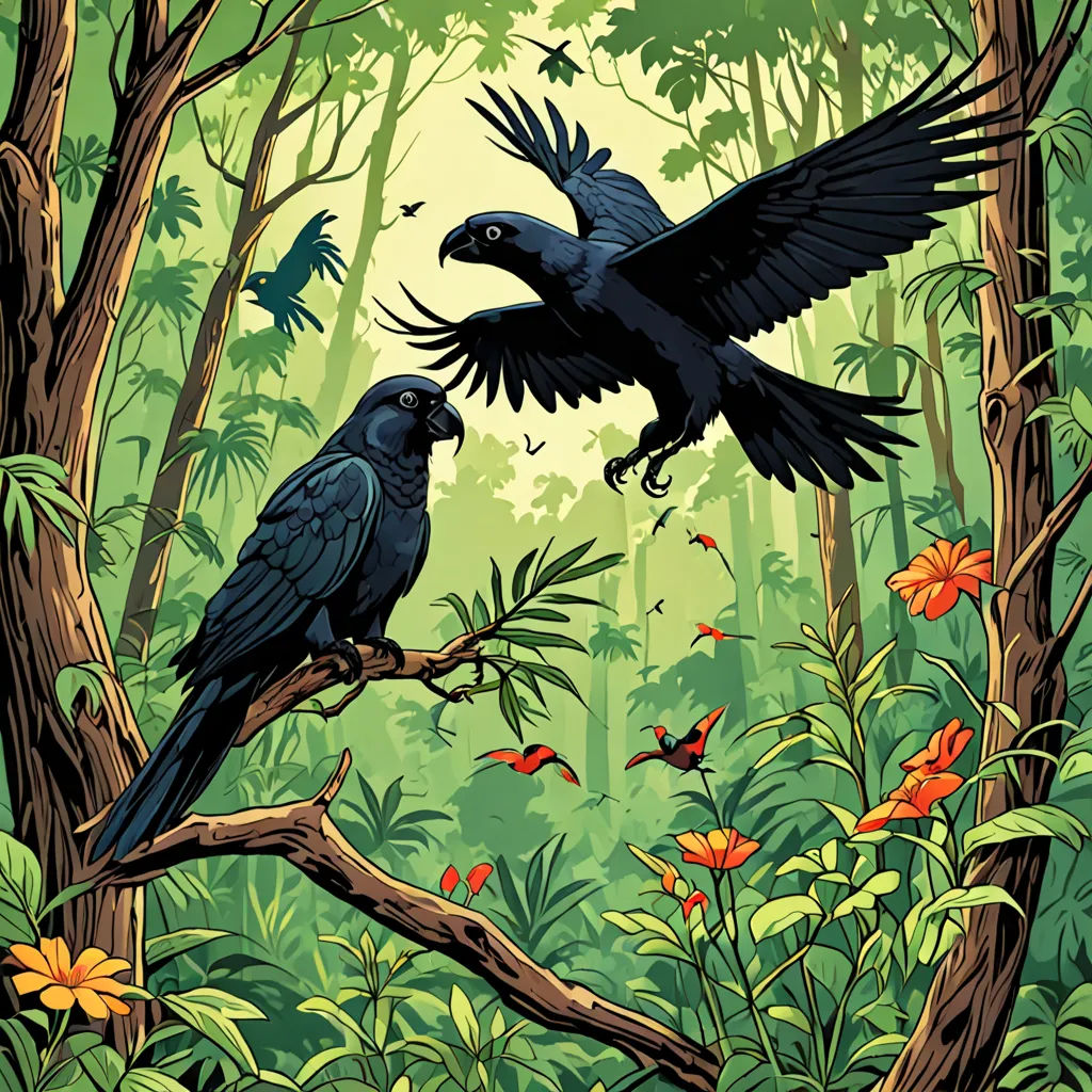 two birds are perched on a tree branch in the jungle with flowers and butterflies around them, and a bird is flying over the branch, primitivism, a storybook illustration, Dan Mumford, birds