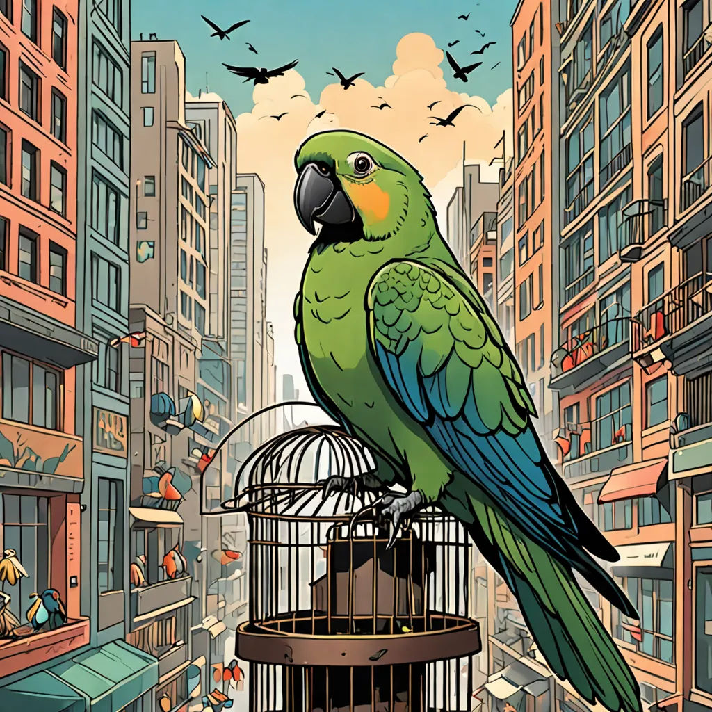 a green parrot sitting on top of a cage in a city street with buildings and birds flying around it, private press, a comic book panel, Chris LaBrooy, josan gonzales and dan mumford