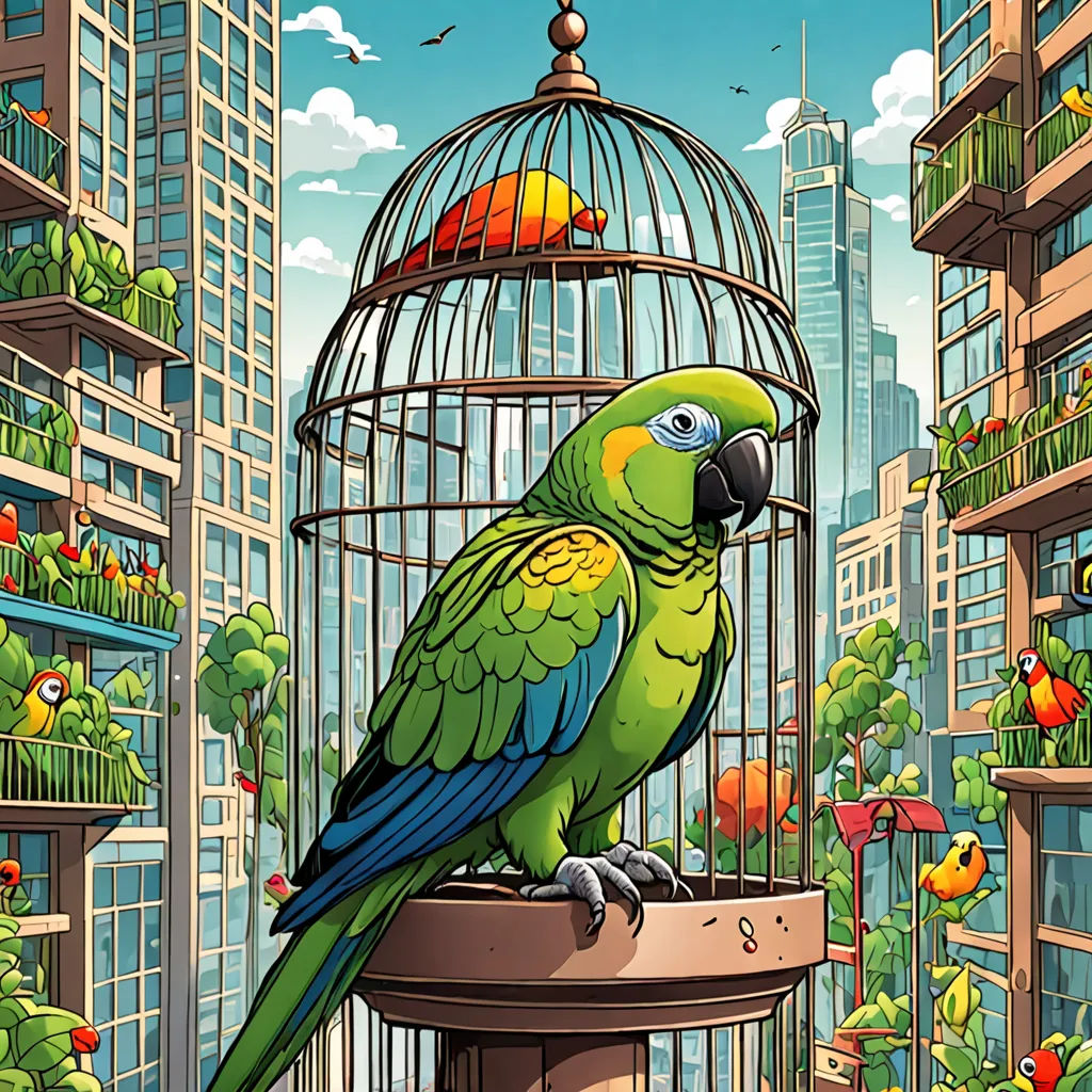 a green parrot sitting on top of a birdcage in a city filled with birds and plants,, ecological art, a comic book panel, Chris LaBrooy, comic cover art