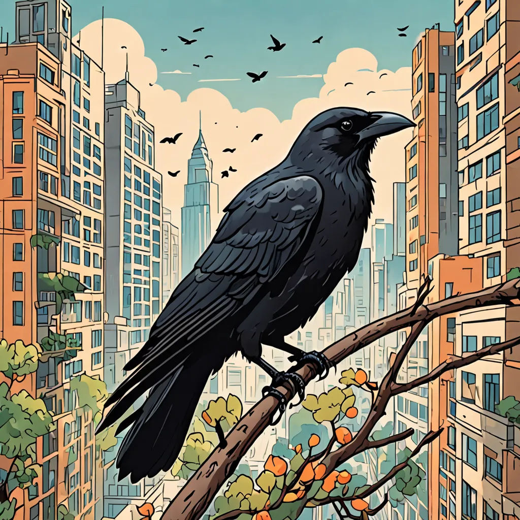 a black bird sitting on a branch in a cityscape with birds flying overhead and buildings in the background, private press, a comic book panel, Dan Mumford, laurie greasley