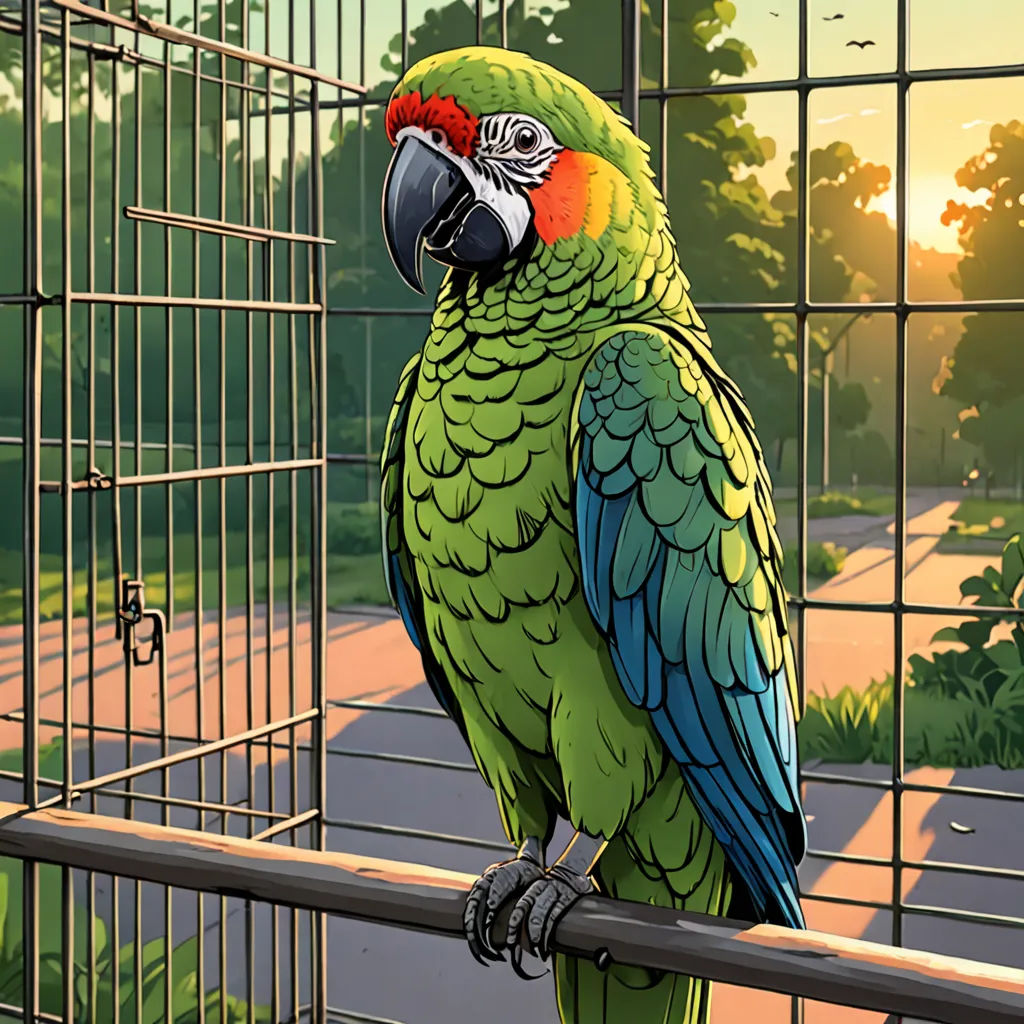 a parrot sitting on a perch in a caged area with a tennis court in the background and a tennis court in the foreground, photorealism, a comic book panel, Dan Mumford, birds