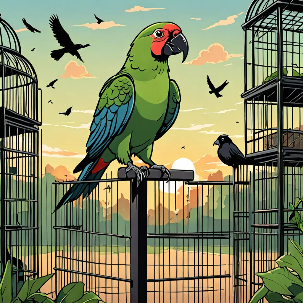 a green parrot sitting on top of a cage next to a black bird in it's cage and another bird in the cage, private press, a comic book panel, Dan Mumford, birds