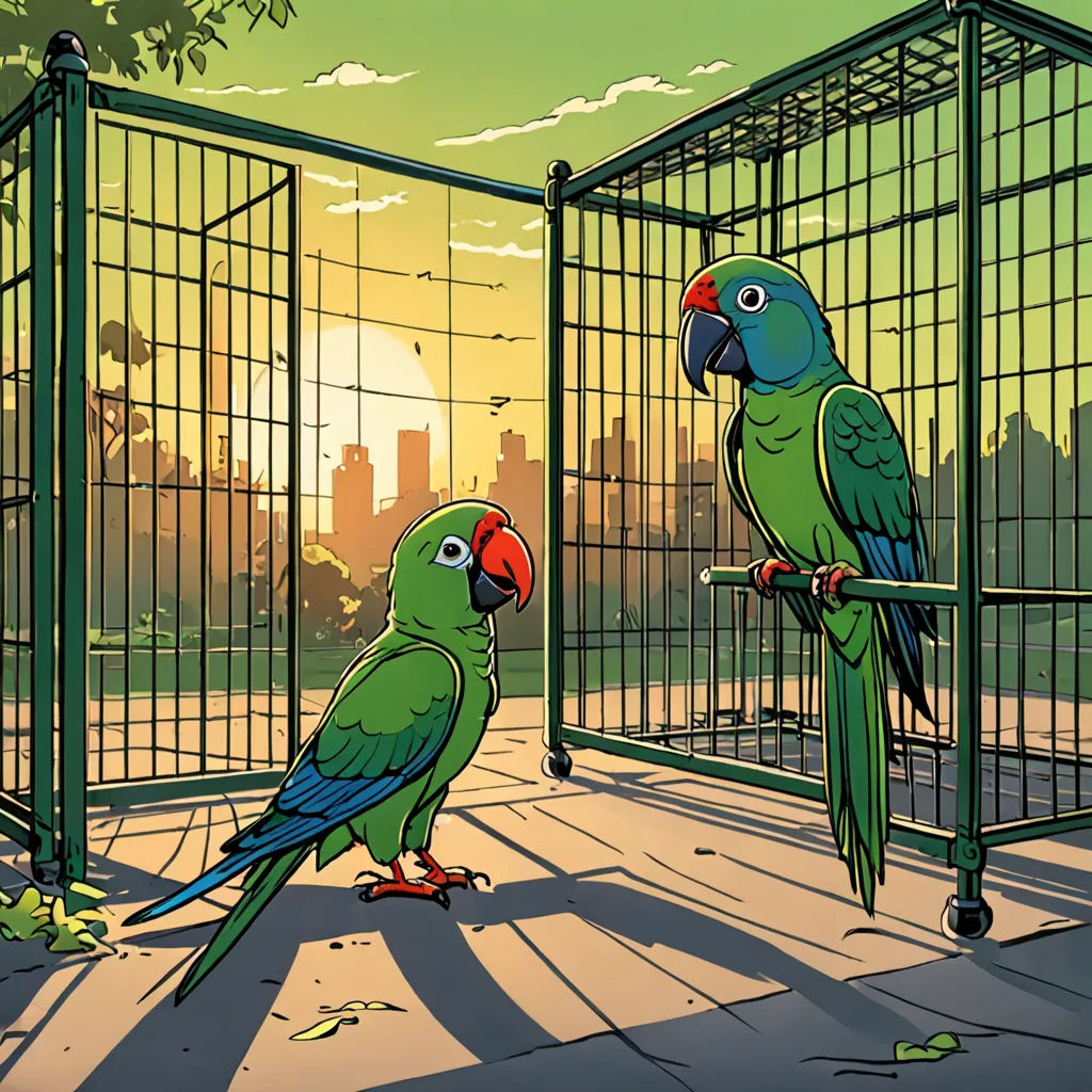 two green parrots sitting in a caged area with a city skyline in the background at sunset or dawn, private press, a comic book panel, Chris LaBrooy, birds