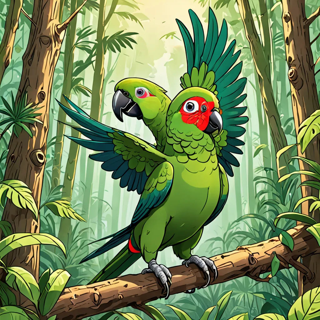 a green parrot perched on a tree branch in a forest with lots of trees and leaves around it, with a red eye, lyco art, a character portrait, Brom, green