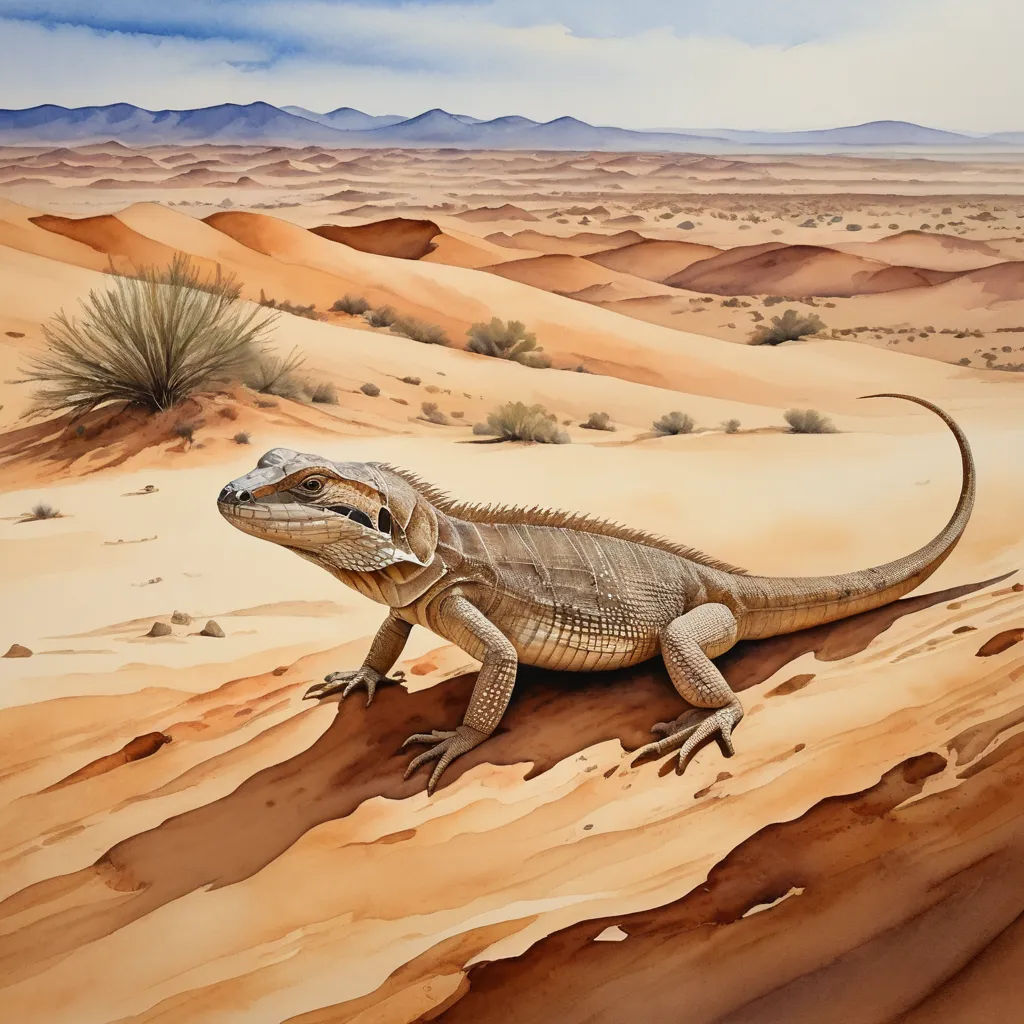 a lizard is sitting on a sandy surface in the desert, with mountains in the background and a blue sky, photorealism, an illustration of, Adam Rex, highly detailed digital painting