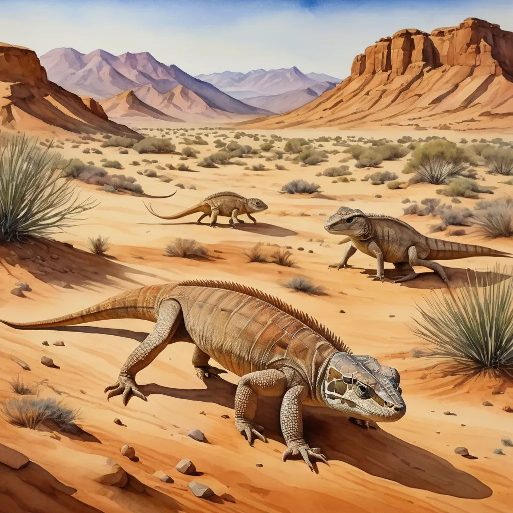a painting of a desert with two dinosaurs and a mountain in the background with a sky background and a few hills, incoherents, an illustration of, Chris LaBrooy, desert