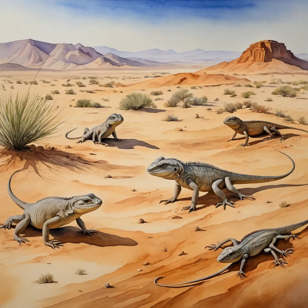 a painting of a desert with a variety of lizards in the sand and a mountain in the background with a blue sky, american scene painting, an illustration of, Chris LaBrooy, illustration