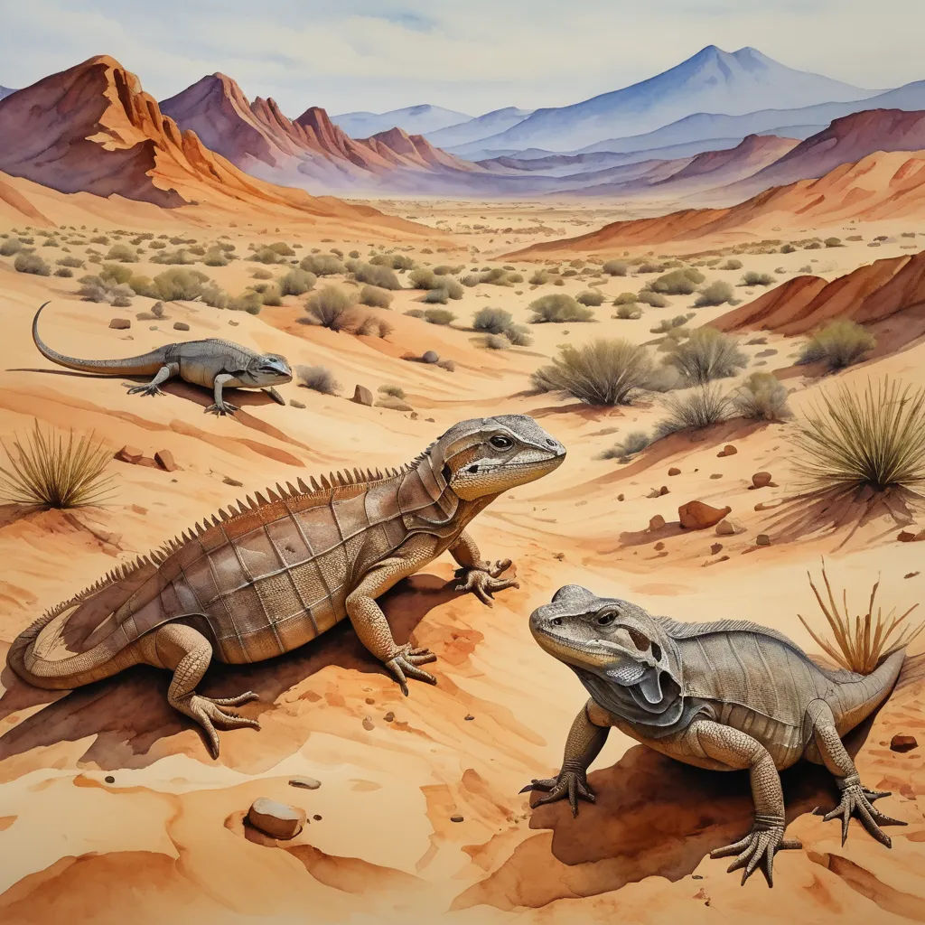a painting of two lizards in the desert with mountains in the background and sand dunes in the foreground, american scene painting, an illustration of, Chris LaBrooy, illustration