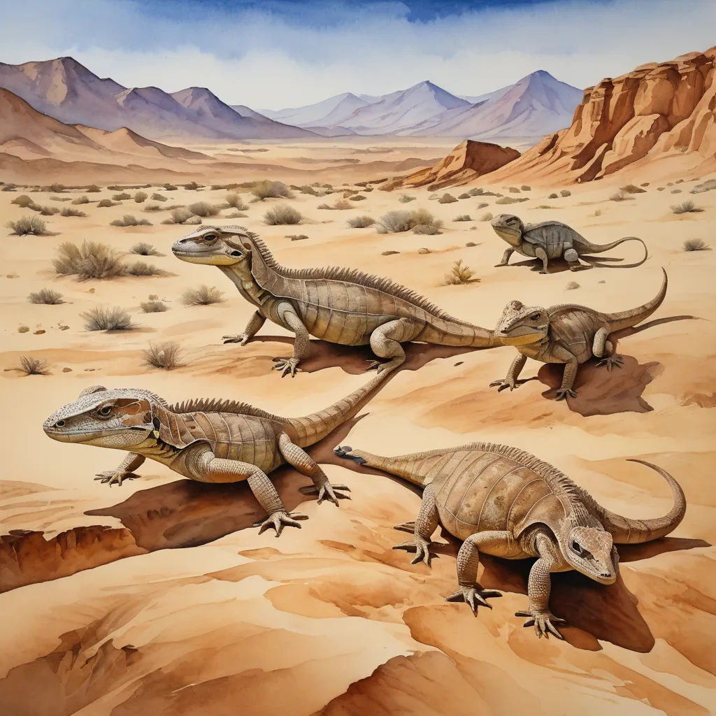 a painting of a group of dinosaurs in the desert with mountains in the background and sand dunes in the foreground, incoherents, an illustration of, Adam Rex, detailed illustration