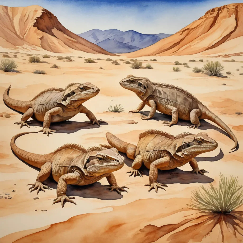 a painting of a group of lizards in the desert with mountains in the background and sand dunes in the foreground, incoherents, an illustration of, Chris LaBrooy, walton ford