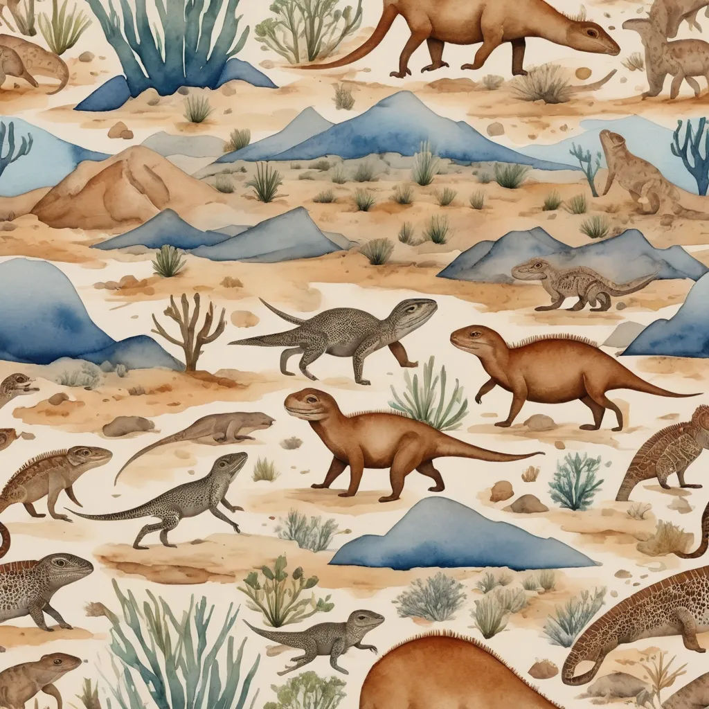 a painting of a desert scene with dinosaurs and other animals on it's surface, and a mountain in the background, naturalism, a detailed painting, Chris LaBrooy, exquisite detail