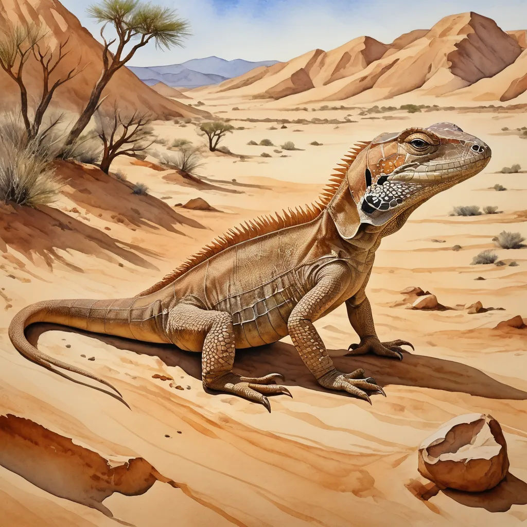 a painting of a lizard in the desert with a desert background and a tree in the distance with a few bushes, primitivism, an illustration of, Adam Rex, highly detailed digital painting