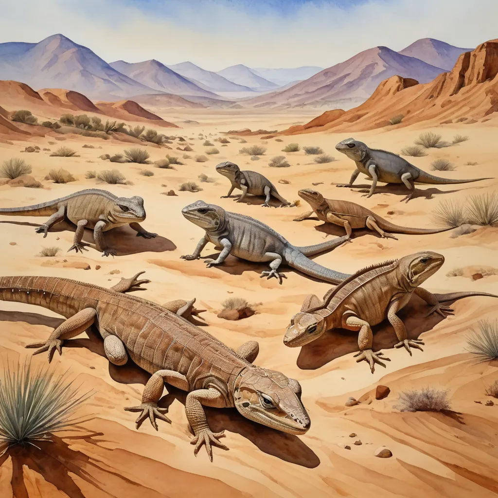 a painting of a desert with lizards and other animals in it's natural habitat, including a mountain range, incoherents, an illustration of, Chris LaBrooy, detailed illustration