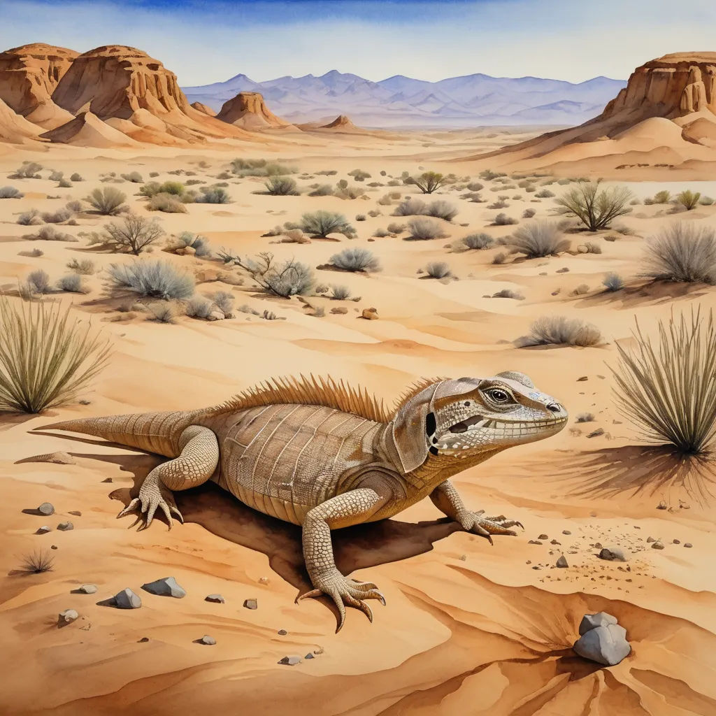 a painting of a lizard in the desert with mountains in the background and a sky background with clouds in the sky, american scene painting, an airbrush painting, Adam Rex, desert