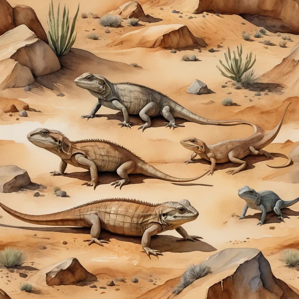 a group of lizards in a desert area with rocks and plants in the background and a cactus in the foreground, incoherents, an illustration of, Chris LaBrooy, detailed illustration
