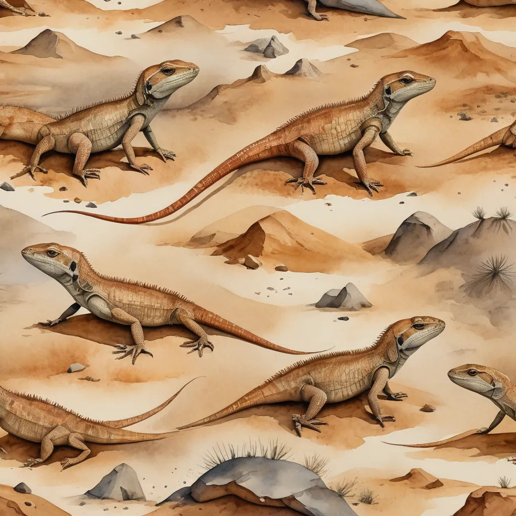 a group of lizards on a desert ground with rocks and sand in the background, with a mountain range in the background, naturalism, an illustration of, Chris LaBrooy, detailed illustration