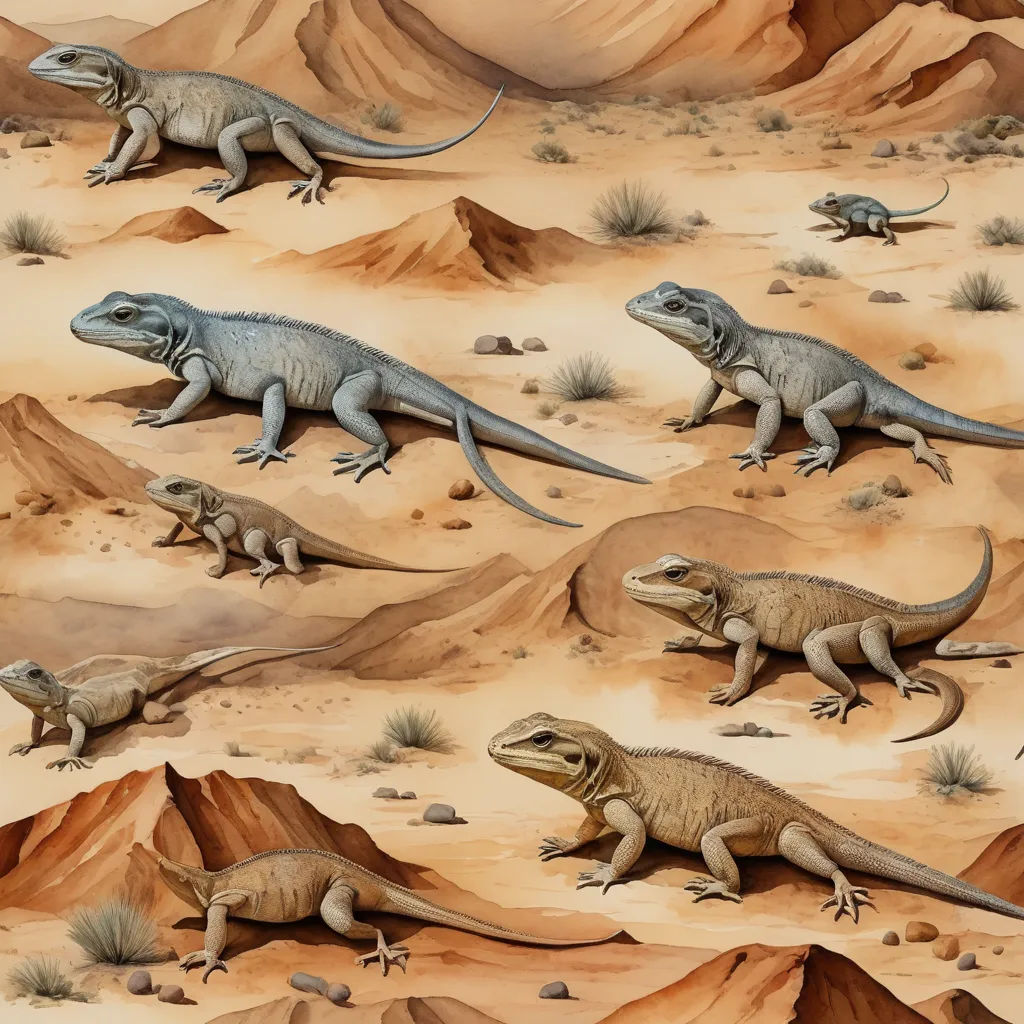 a group of lizards in a desert area with mountains in the background and sand dunes in the foreground, incoherents, an illustration of, Adam Rex, detailed illustration