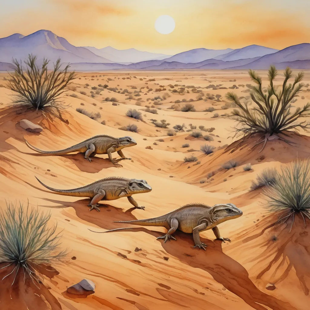 a painting of three lizards in the desert at sunset or dawn, with mountains in the background, and a desert landscape with sparse grass and rocks, american scene painting, an illustration of, Chris LaBrooy, desert