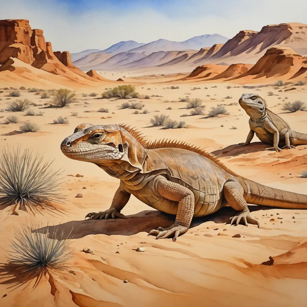 a painting of two lizards in the desert with mountains in the background and a desert landscape in the foreground, primitivism, an airbrush painting, Chris LaBrooy, highly detailed digital painting