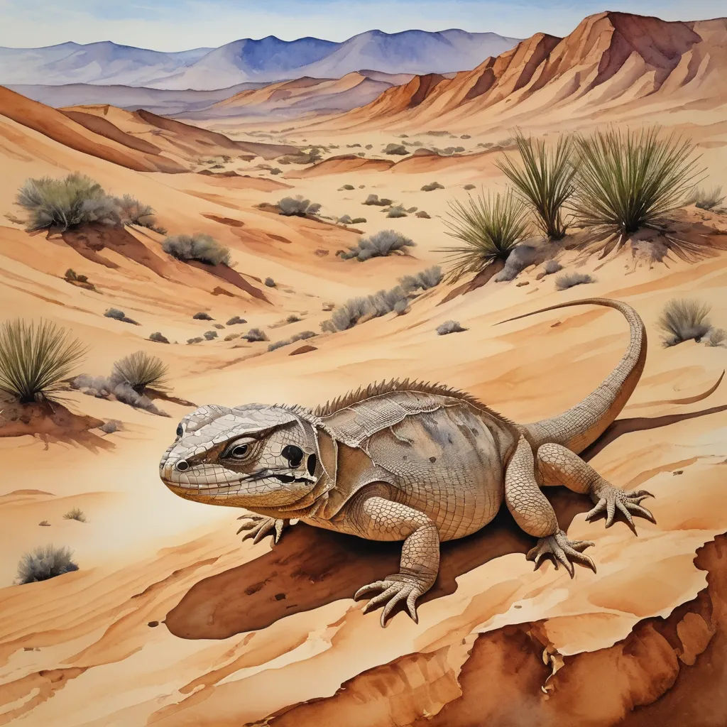 a painting of a lizard on a desert landscape with mountains in the background and sand dunes in the foreground, photorealism, an illustration of, Chris LaBrooy, desert