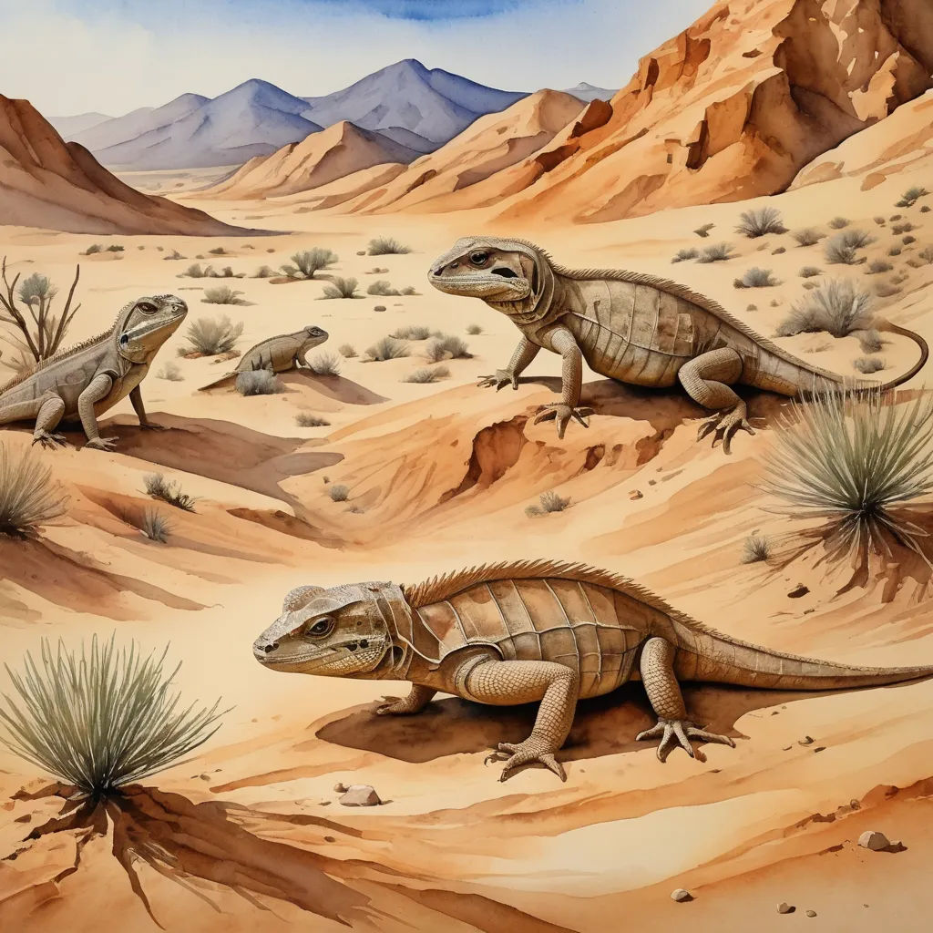 a painting of a desert scene with lizards and lizards in the sand and mountains in the background, with a blue sky, primitivism, an illustration of, Adam Rex, illustration