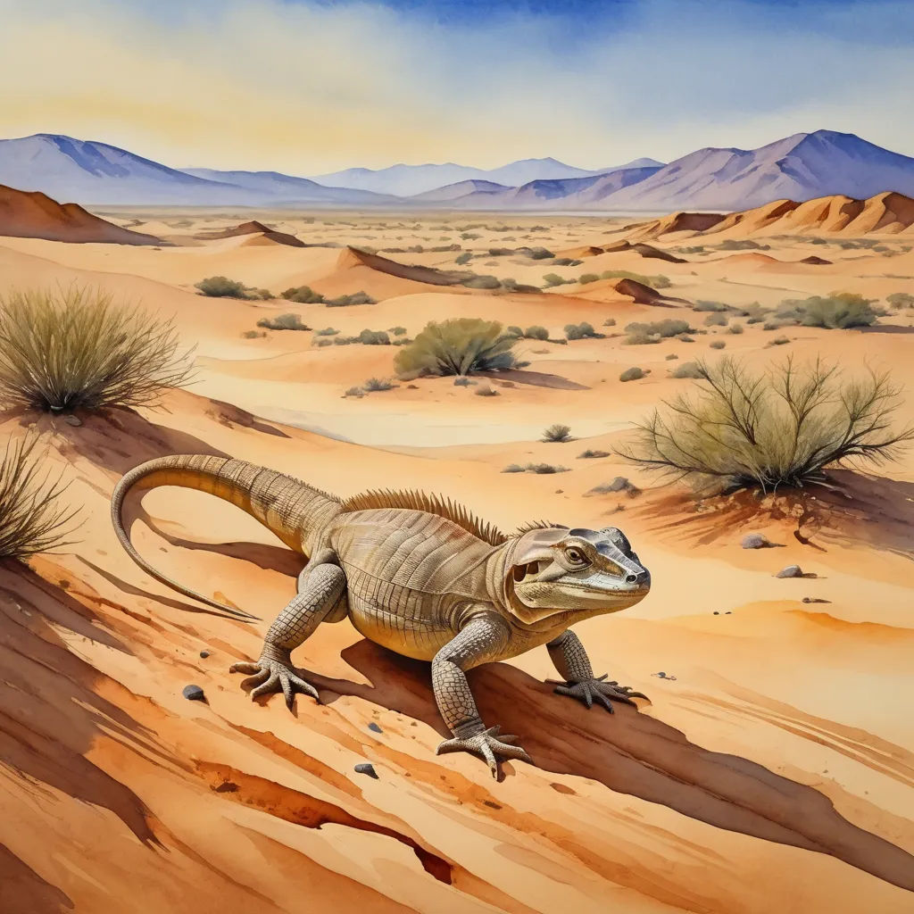 a lizard is standing in the desert sand dunes and mountains are in the background, and a desert landscape is in the foreground, american scene painting, an illustration of, Chris LaBrooy, desert