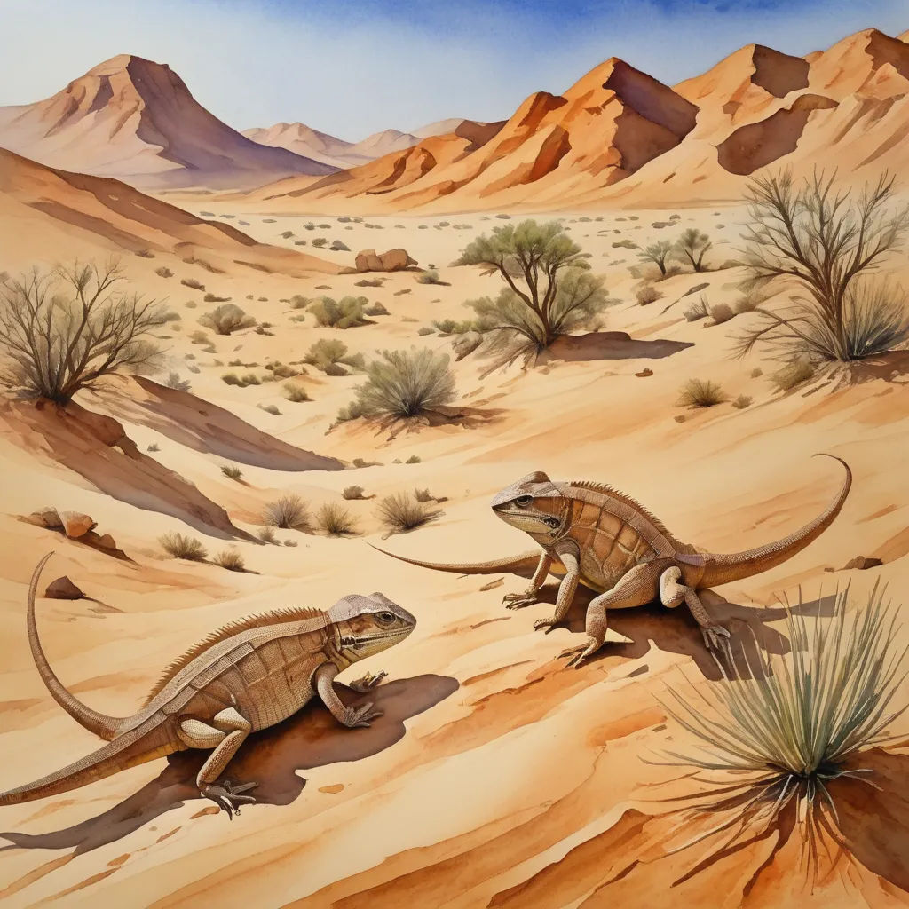 a painting of two lizards in the desert with mountains in the background and a blue sky above them,, primitivism, an illustration of, Chris LaBrooy, walton ford