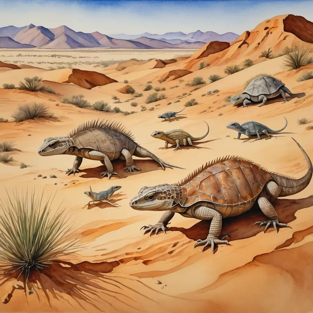 a painting of a desert with a variety of animals in it and a mountain in the background with a sky, primitivism, an illustration of, Chris LaBrooy, illustration