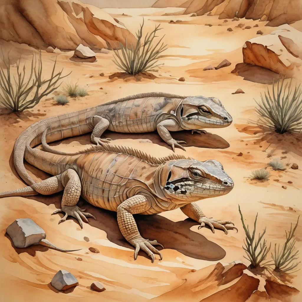 two lizards are sitting on a desert floor in the sand and rocks, one is looking at the camera, incoherents, an illustration of, Cricorps Grégoire, illustration